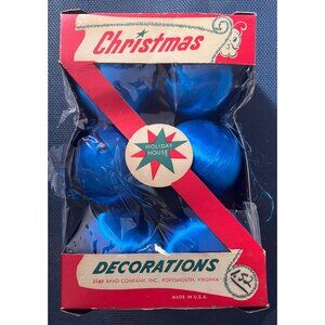 Vintage Package Holiday House Christmas Balls Decorations Star Band Satin Blue